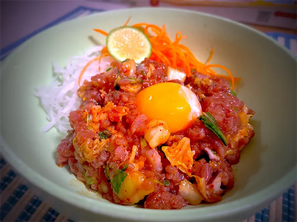 生本鮪中落ちキムチユッケ(昨日の夕食は前日の残り鮪で)|やまひろさん