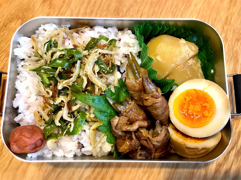 サラ弁                                                                 牛蒡の牛肉巻き煮　じゃがいも煮っ転がし　味付け茹で卵　しらすピーマン煎り|じゅんさんさん