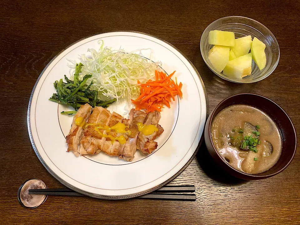 チキンソテー&ハニーマスタード、ナスのお味噌、メロン|カドラさん