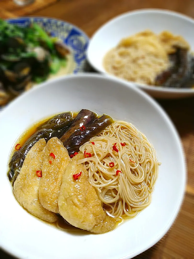 Snapdishの料理写真:かおるさんの料理 なすそうめんと万願寺とおじゃこの炊いたん|まめころさん