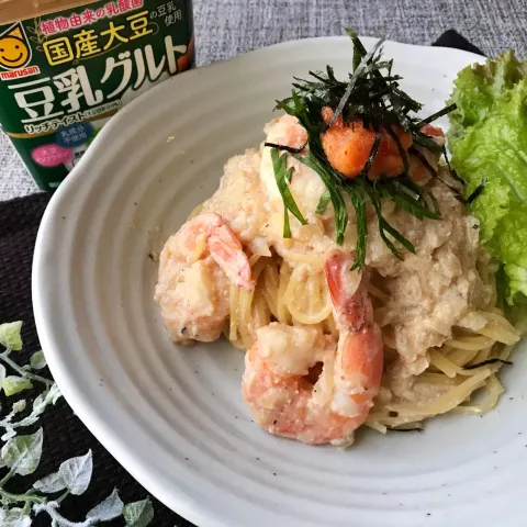 「国産大豆の豆乳使用 豆乳グルト 400g」を使ってみたSnapdishの料理・レシピ写真:豆乳グルトde明太子と海老のクリームパスタ🧡