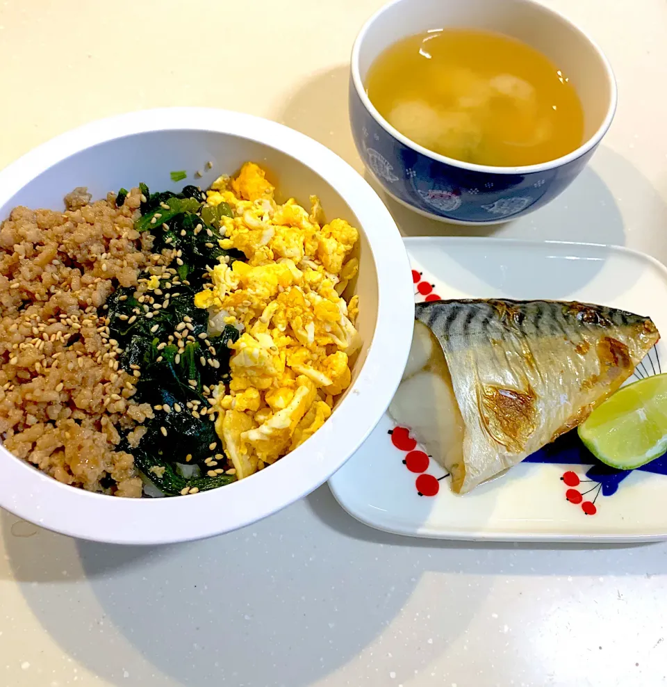 夜ご飯😉鶏そぼろ丼、鯖の塩焼き、お味噌汁|とまこ(*^o^*)さん