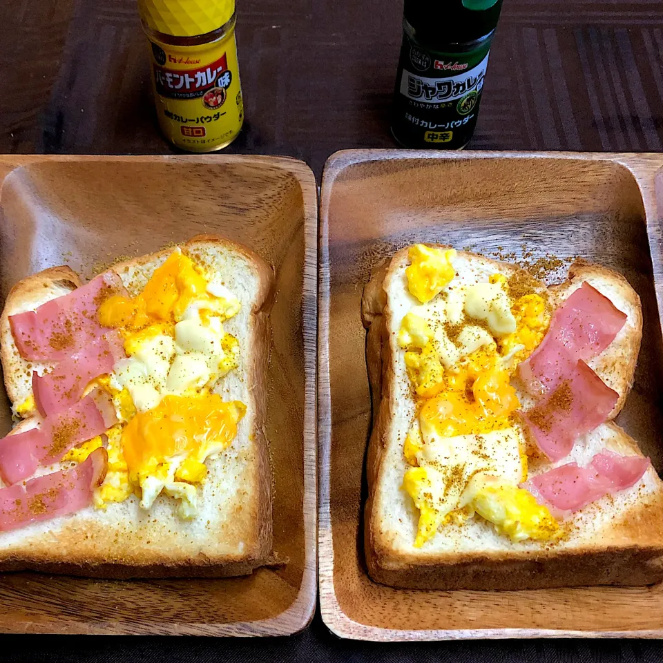 Snapdishの料理写真:ベーコン🥓チーズ🧀スクランブルエッグ🥚カレーパウダートースト🥪|henryさん