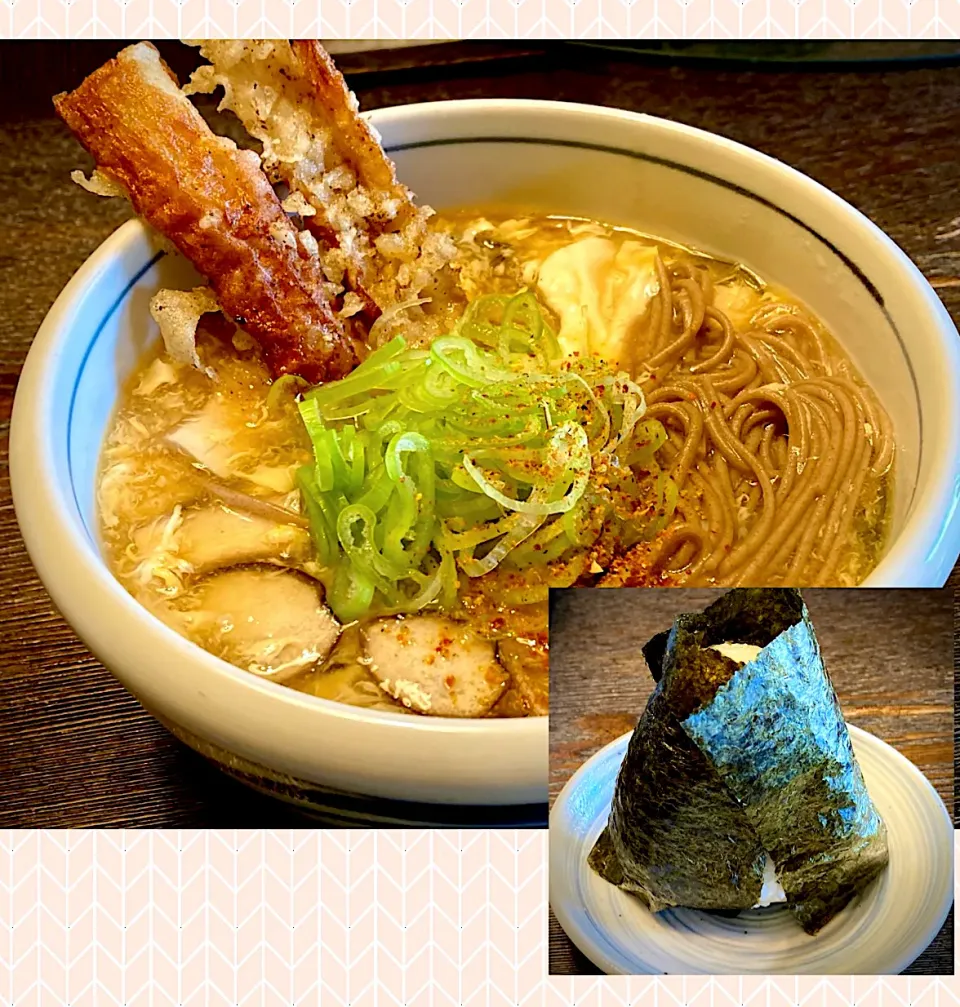 とき玉汁ﾘﾒｲｸ＂竹天とき玉あんかけ蕎麦 & 塩昆布おむすび＂|mottoさん