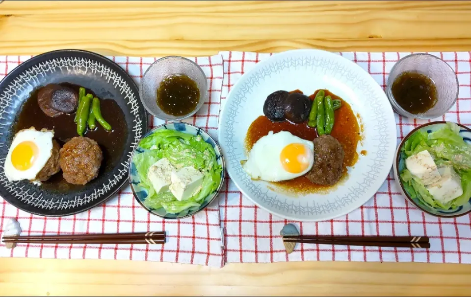 てりやきハンバーグ 目玉焼きのせ
しいたけとししとう
もずく
とうふサラダ|ひろゴーヤさん