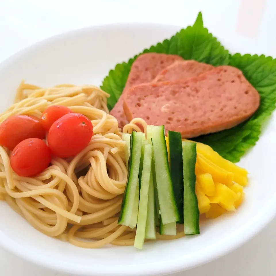 Japanese Noodle with cucumber, tomato and luncheon meat|CF Chaiさん