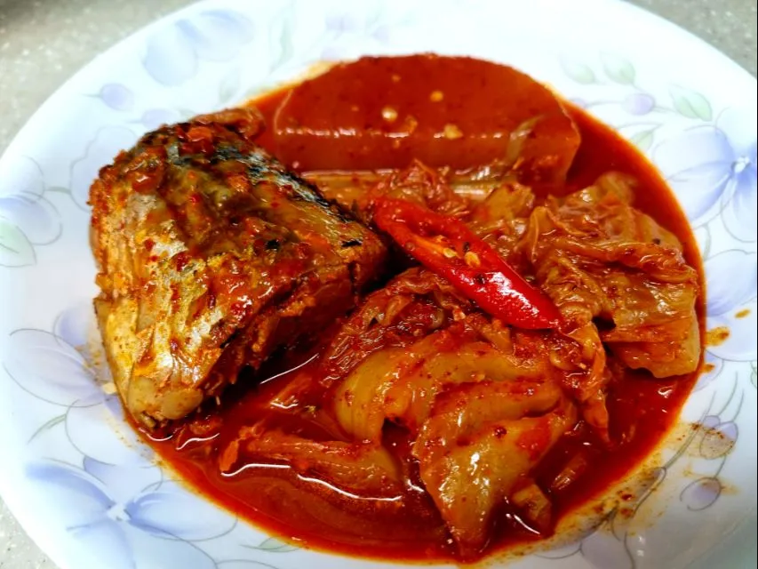 Snapdishの料理写真:hot and spicy mackerel stew with radish and kimchi|steven z.y.さん