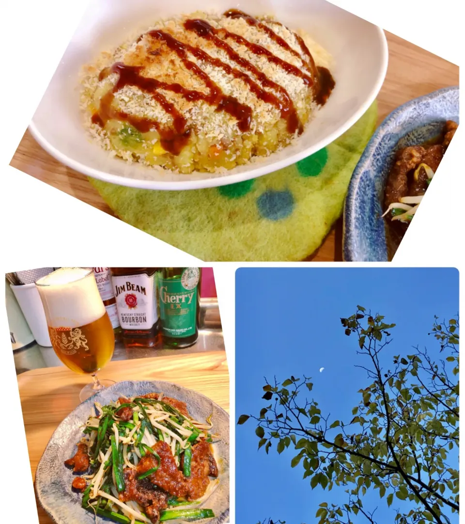 今夜のアテは先程アップした揚げないカレーコロッケとレバニラ炒めと明け方の半月🍺|海斗さん