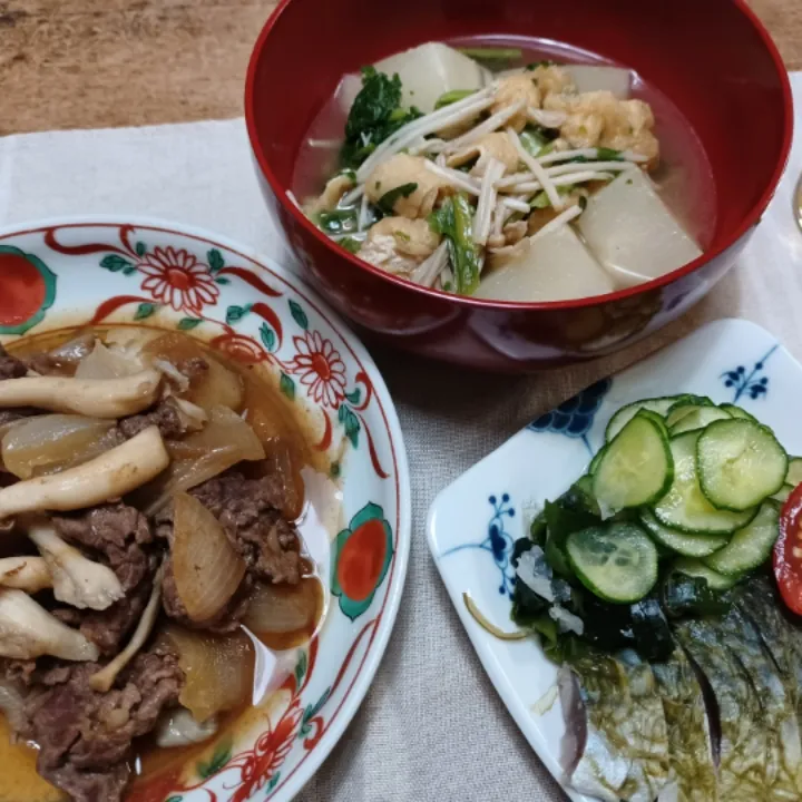 肉じゃが、蕪とお揚げえのきを炊いた、〆鯖|ぱいんてーるさん