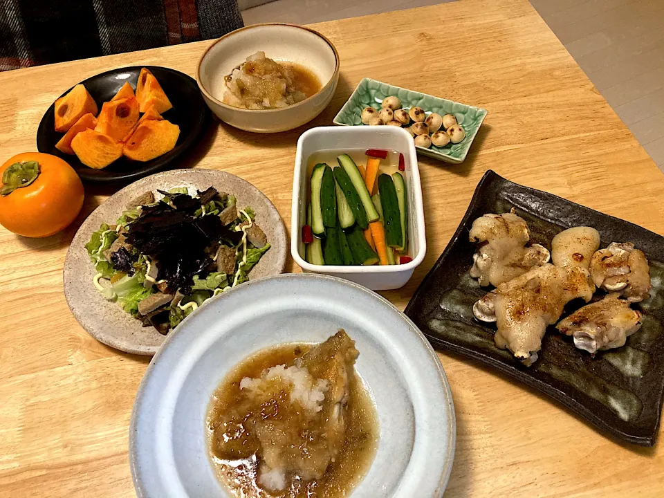 旬❤️水かれいのおろし煮、豚足の塩焼き、キュウリとニンジンのピクルス、じゃこ天海苔サラダ、煎り銀杏(๑>◡<๑)|さくたえさん