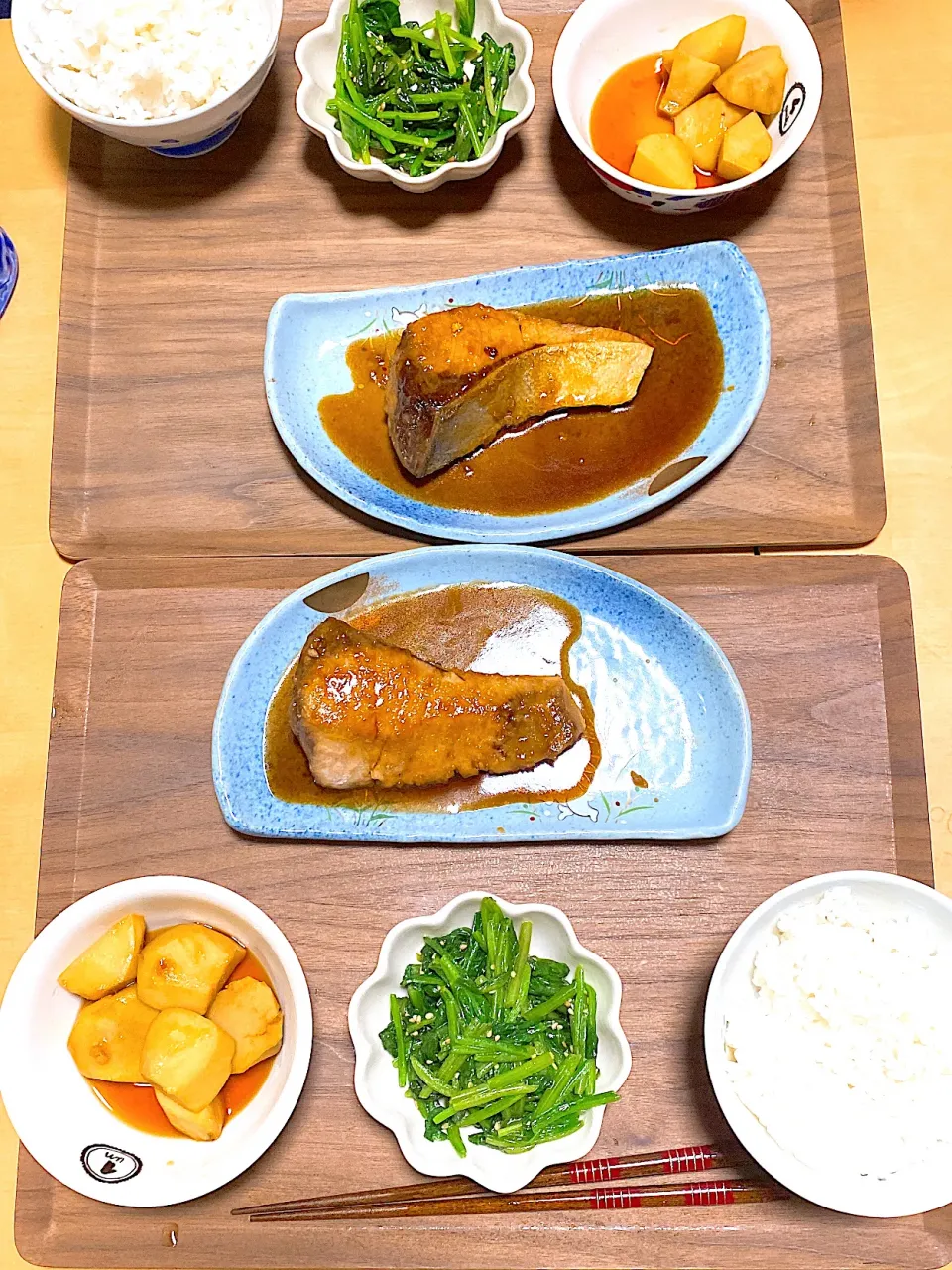 ブリ照り❁︎ほうれん草のナムル❁︎里芋の煮物|まゆさん