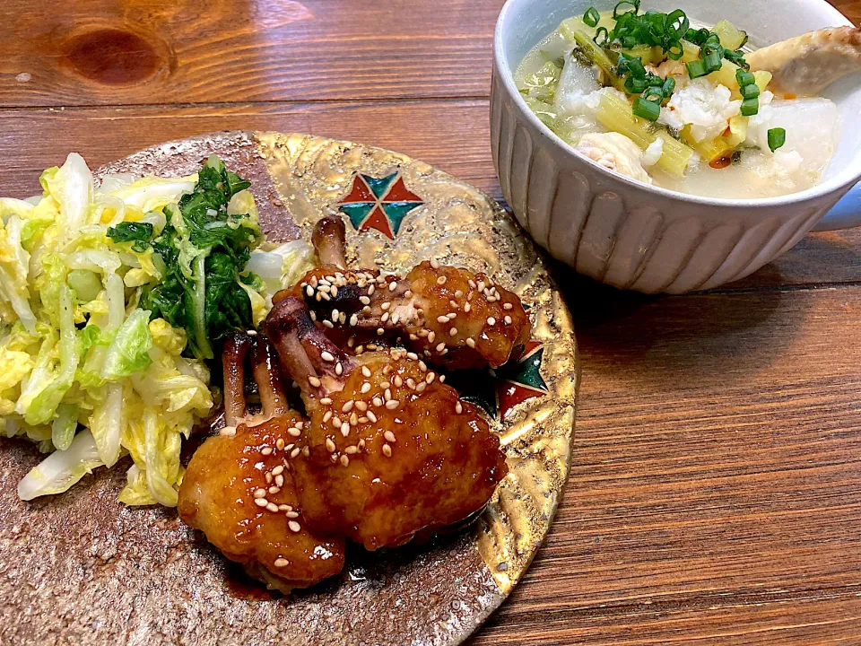 鶏手羽の照り焼きと参鶏湯風スープ|n_nさん