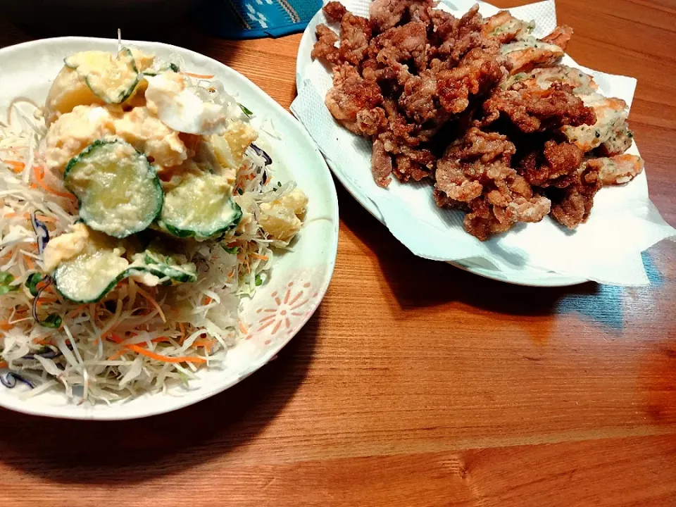 豚の竜田揚げ＆ちくわの磯辺揚げ
　ポテト＆さつまいもサラダwith千切りキャベツ|pigmegさん