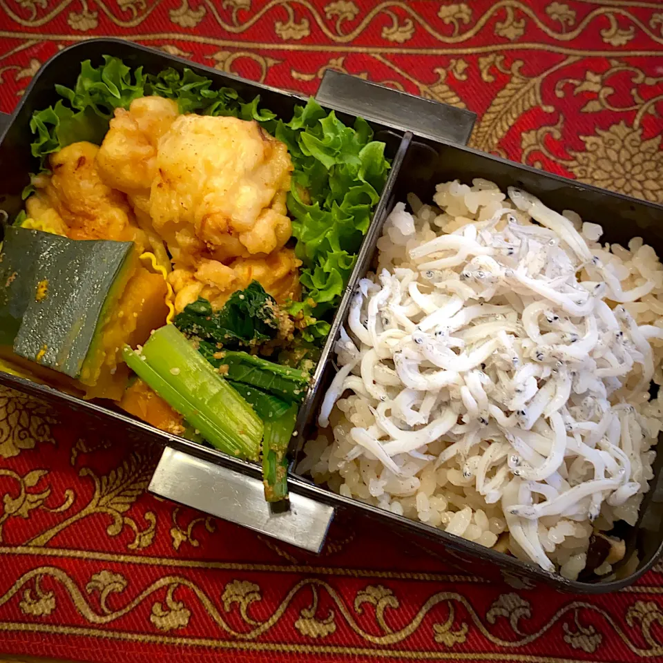 鶏天と、南瓜の煮物と、小松菜の胡麻和えと、釜揚げしらすご飯弁当|もえさん