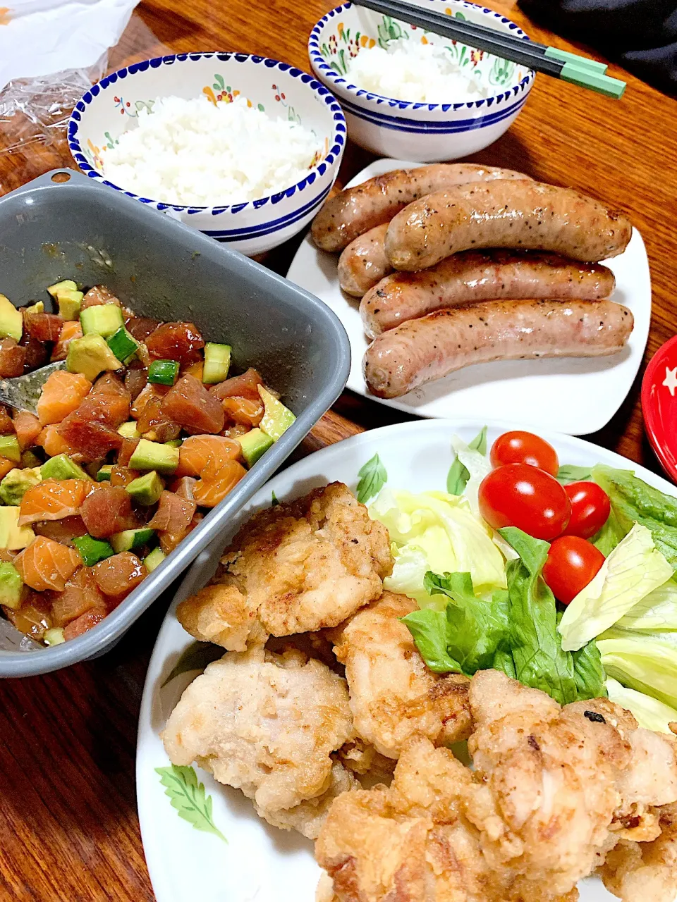 ポキ丼・唐揚げ・ウインナー|えみちさん