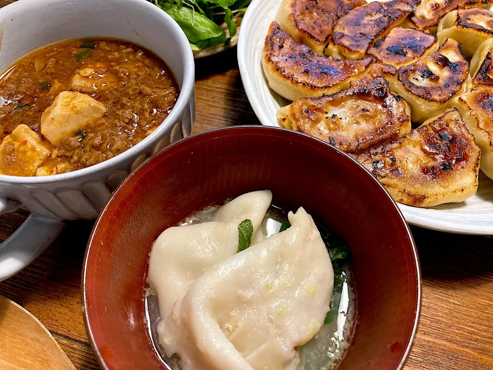 手作り皮焼き餃子と水餃子、麻辣醤効かせたい麻婆豆腐|n_nさん