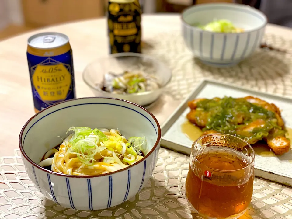 伊勢うどん／生牡蠣ぽん酢／ネギ餡掛けのロースとんかつ|ひろさんとゆりさんさん