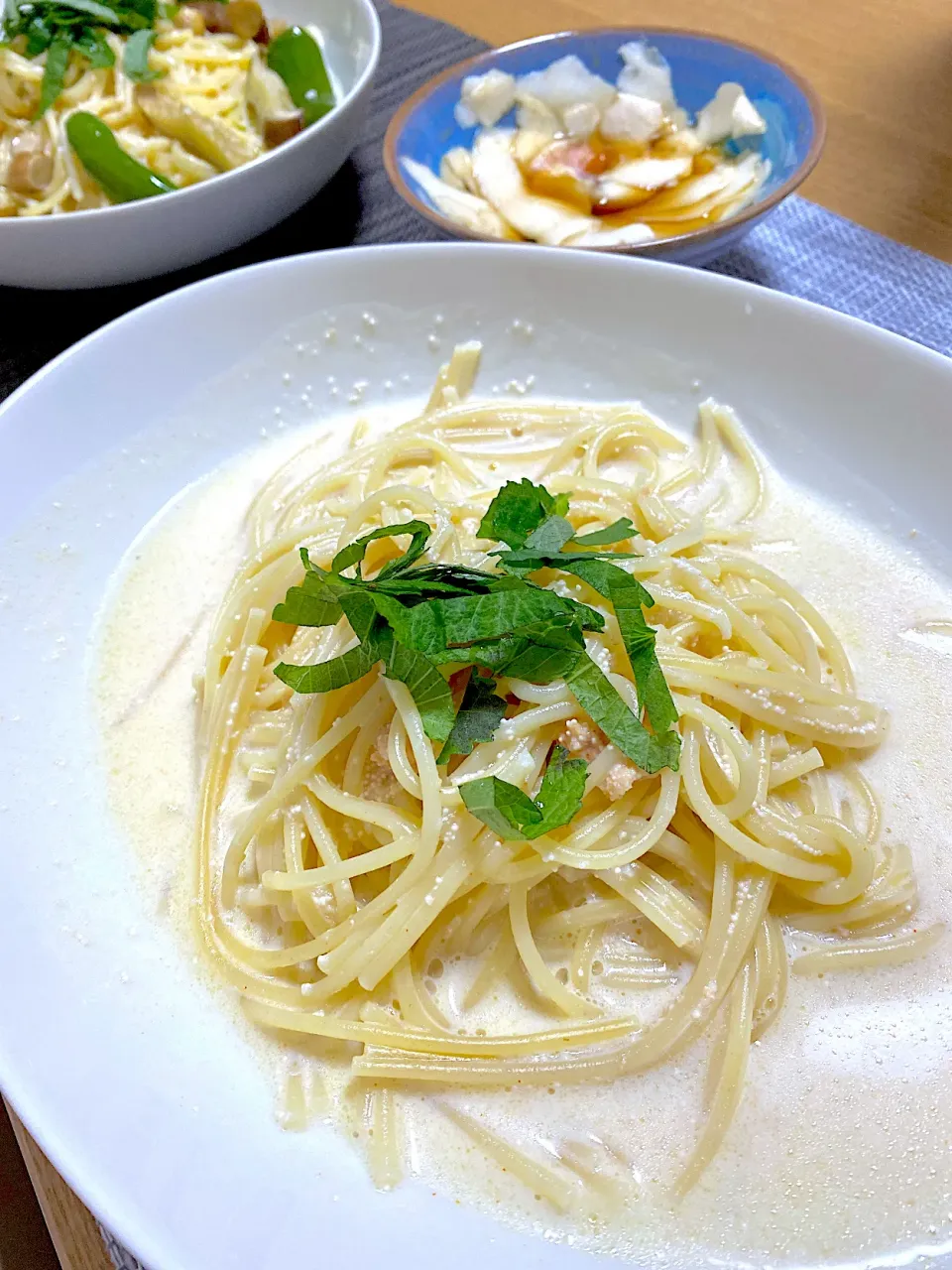 明太クリームパスタ、蕪の皮の漬物🍝|1614さん