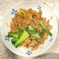 Snapdishの料理写真:業務スーパー購入！姜葱醬で作った豚肉とチンゲンサイの炒め物|Takashiさん