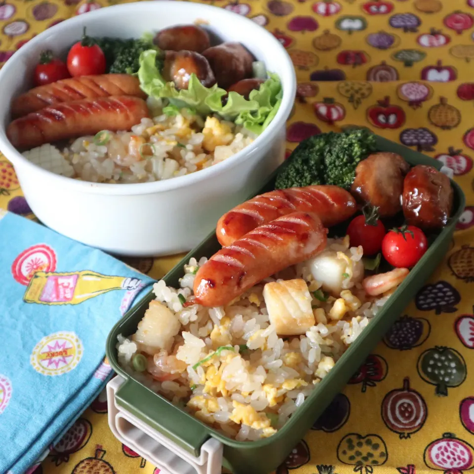 高校生男子＆中学生男子弁当🍱シーフード炒飯|なかじー。さん