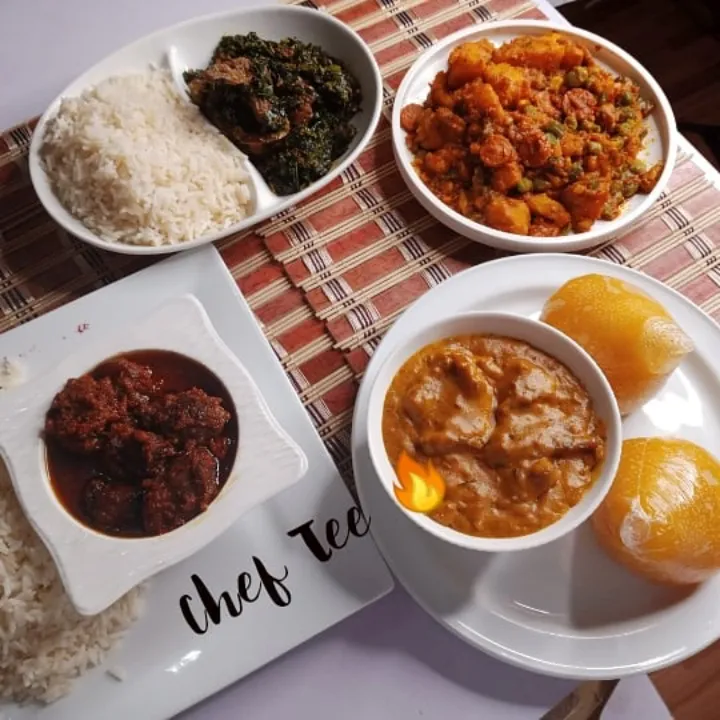 Today's Menu:

White Rice and Multi-purpose vegetable soup
White Rice and Buka Stew
Yam Goulash
Starch and Owo Soup
#NigerianDish

©️ Chef Tee 🔥|Chef Teeさん