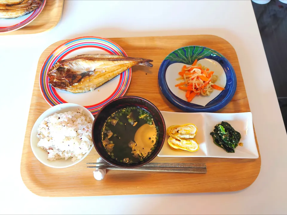 今日の昼食　ほっけ、切り干し大根の煮物、塩麹卵焼き、ほうれん草胡麻和え|pinknari🐰🌈さん