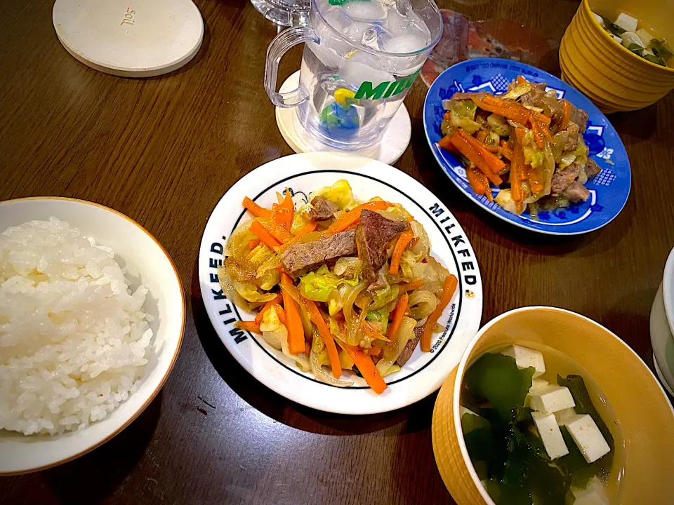 牛肉と野菜のスパイス炒め　豆腐とわかめのお吸い物　新米ごはん|ch＊K*∀o(^^*)♪さん