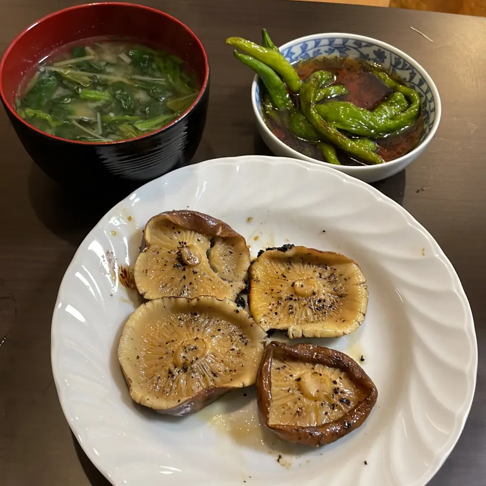 椎茸のステーキ・万願寺とうがらしの煮浸し・水菜とジャガイモの味噌汁|a-parkさん