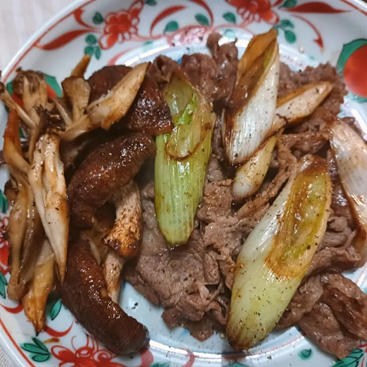 牛肉をお酒とお醤油だけでキリッと、お供は葱と椎茸舞茸|ぱいんてーるさん
