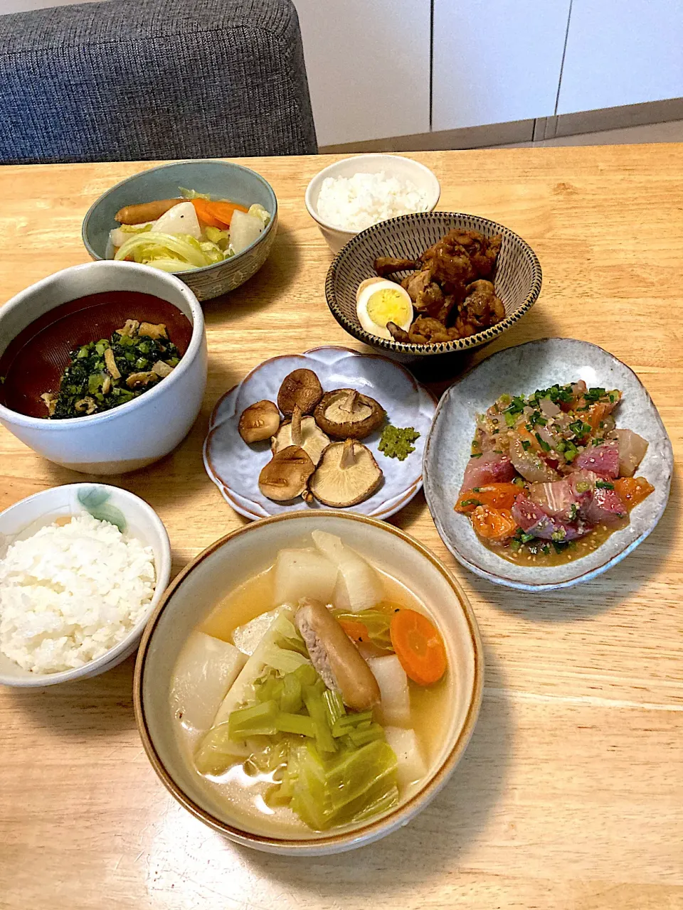 和風ポトフ♡色々お刺身の漬け♡焼き椎茸(柚子胡椒)♡カブの葉きんぴら♡手羽元と卵の甘酢煮(๑⁼̴̀д⁼̴́๑)ﾄﾞﾔｯ‼|さくたえさん