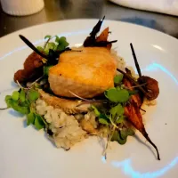 Snapdishの料理写真:pan seared seabass with mushroom risotto, roasted baby carrots, herb butter and micro greens..| Rich mさん