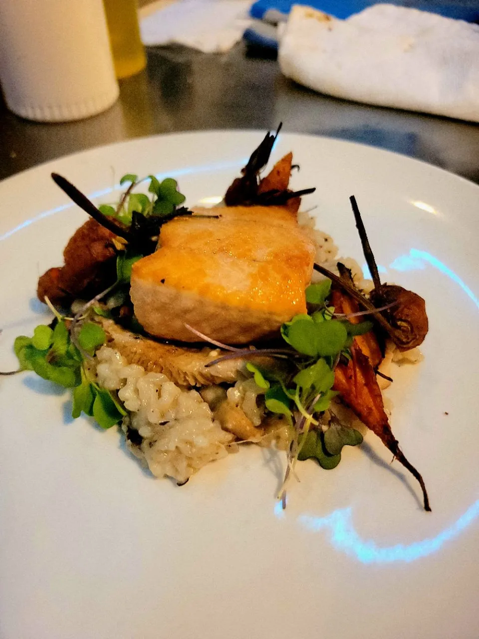 pan seared seabass with mushroom risotto, roasted baby carrots, herb butter and micro greens..|Rich mさん