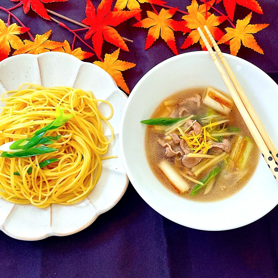 Snapdishの料理写真:我が家の定番　柚子&生姜香る鴨南蛮スパ（つけ麺）|オーロラさん