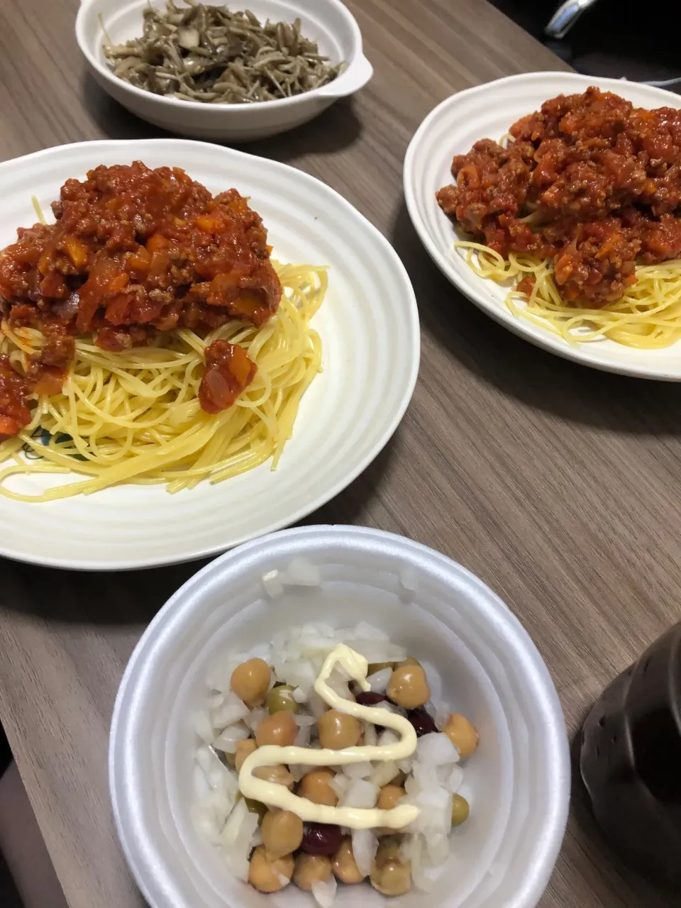 ・ミートソーススパゲッティー・豆サラダ・きのこのソテー|ちっちゃんさん