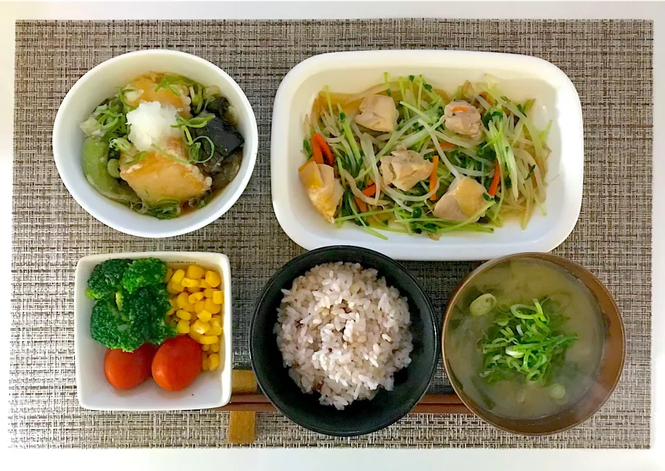 Snapdishの料理写真:豆苗ともやしの野菜炒め、揚出し豆腐、サラダ、味噌汁、雑穀米|keychanさん