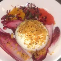 burrata,indivia,mostarda crumble, Orange, pomegrate and sweet vinegar dressing|Chef Dojaさん