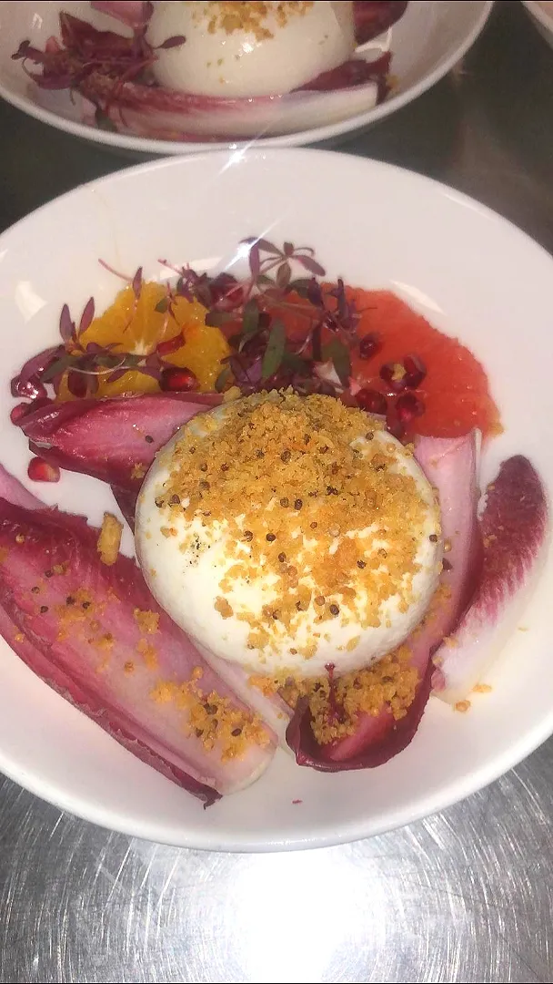 burrata,indivia,mostarda crumble, Orange, pomegrate and sweet vinegar dressing|Chef Dojaさん