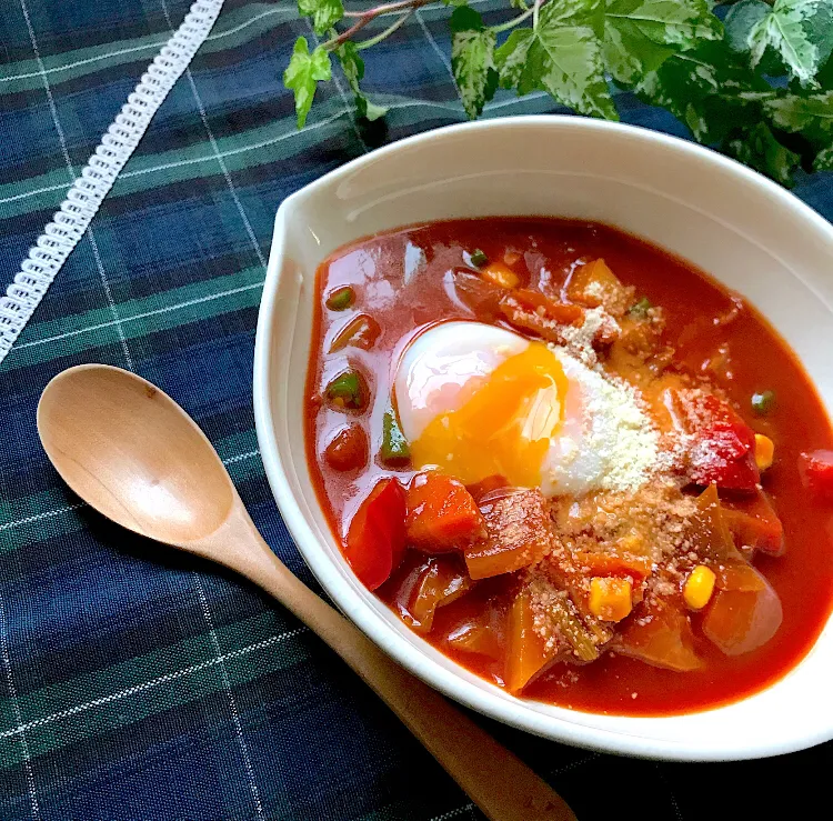 Snapdishの料理写真:🍅🥄濃厚トマトの具沢山ミネストローネは温泉卵をチョポン❣️と落として…😋🥄|Hollyさん