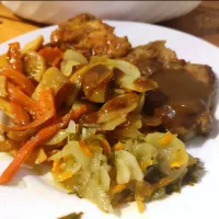 Potatoes with onion, carrot with celery, pork, chicken and pickled salad.|Michał Kobaさん