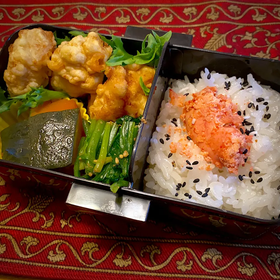 鶏天と、南瓜の煮物と、ほうれん草の胡麻和えと、辛子明太子ご飯弁当|もえさん