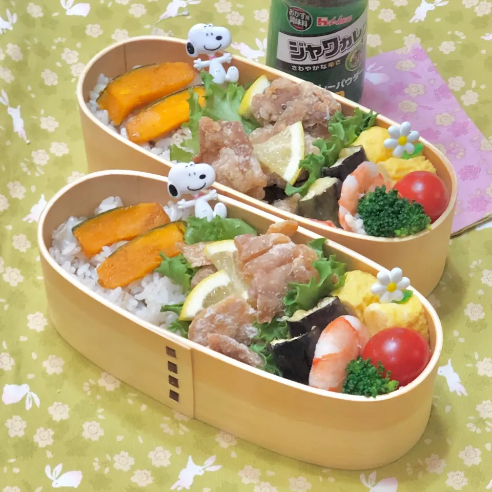 豚こま唐揚げ☘カボチャのカレーソテー☘の双子ちゃんお弁当💙❤️ 11/17水|sweet homeさん