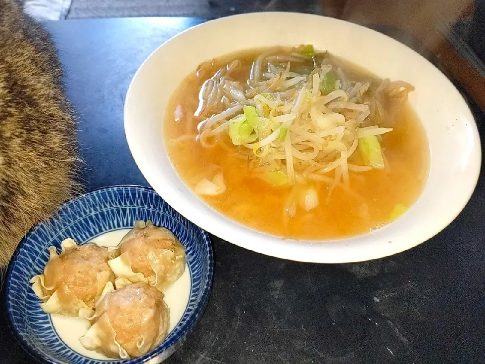 夜勤明け昨日の豚汁の出汁＋煮干しで自家製スープのラーメン（麺と焼売は市販）セット|Tarou  Masayukiさん