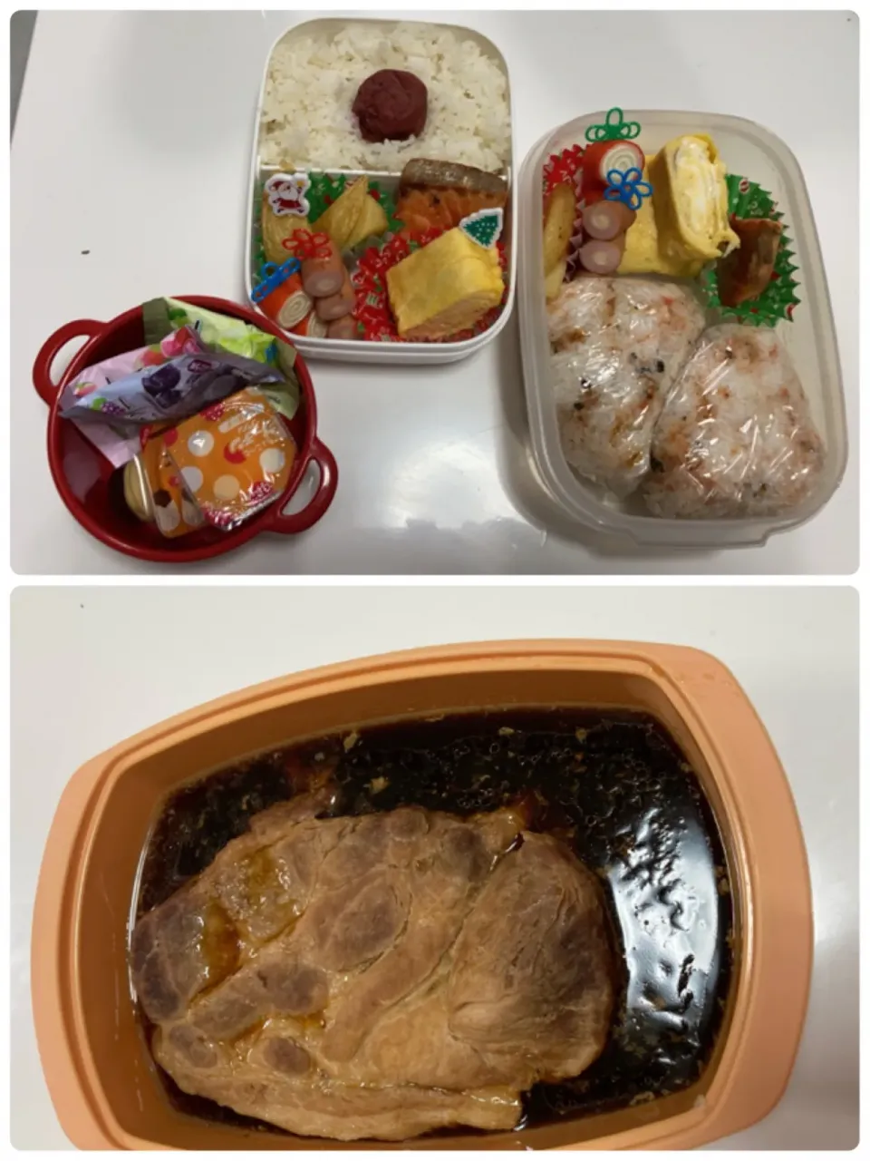 5年生男子とパパ弁。今日は校外学習で、お弁当日の長男。パパは普段おにぎりと、味噌玉だけやけど、おかずが余ると勿体ないから、今日は入れさせて貰った🤣卵焼き、チーズinウインナー、焼き鮭、くるくるチーズかまぼこ、フライドポテト。デザートは長男だけ。ミニプリンと蒟蒻ゼリー。それから、昨日作った煮豚。|Saharaさん