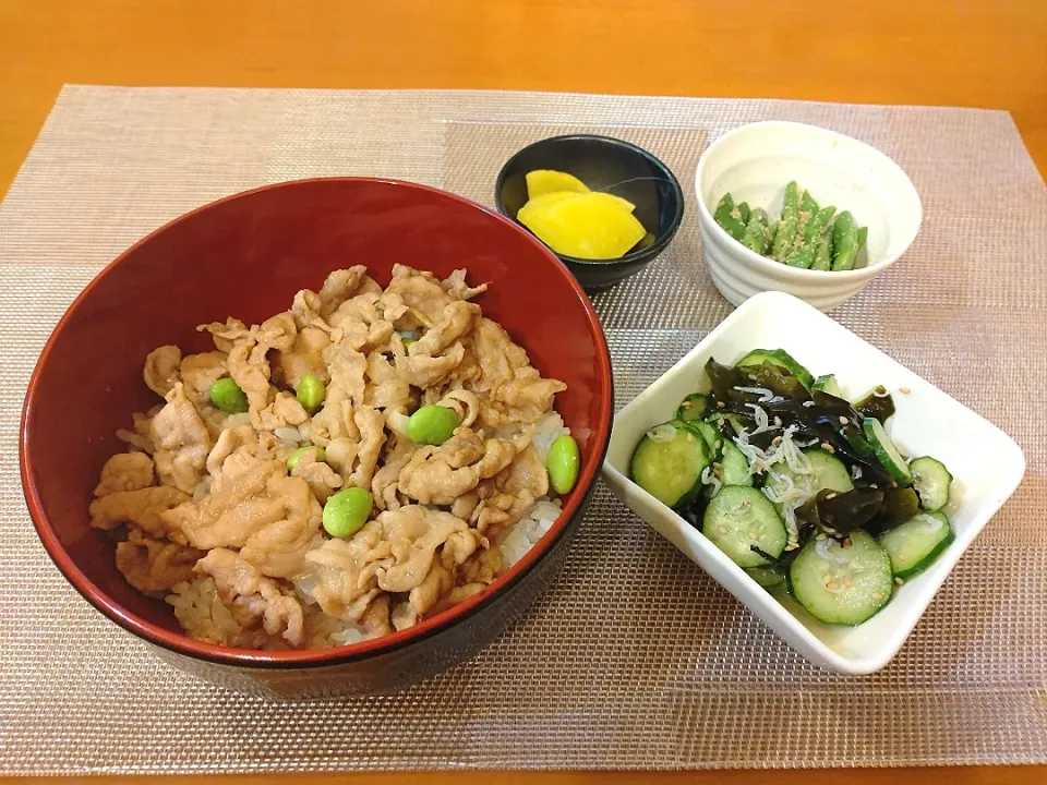 Snapdishの料理写真:☆豚丼
☆キュウリとワカメとしらすの酢の物
☆インゲンゴマ和え
☆たくあん|chikakoさん