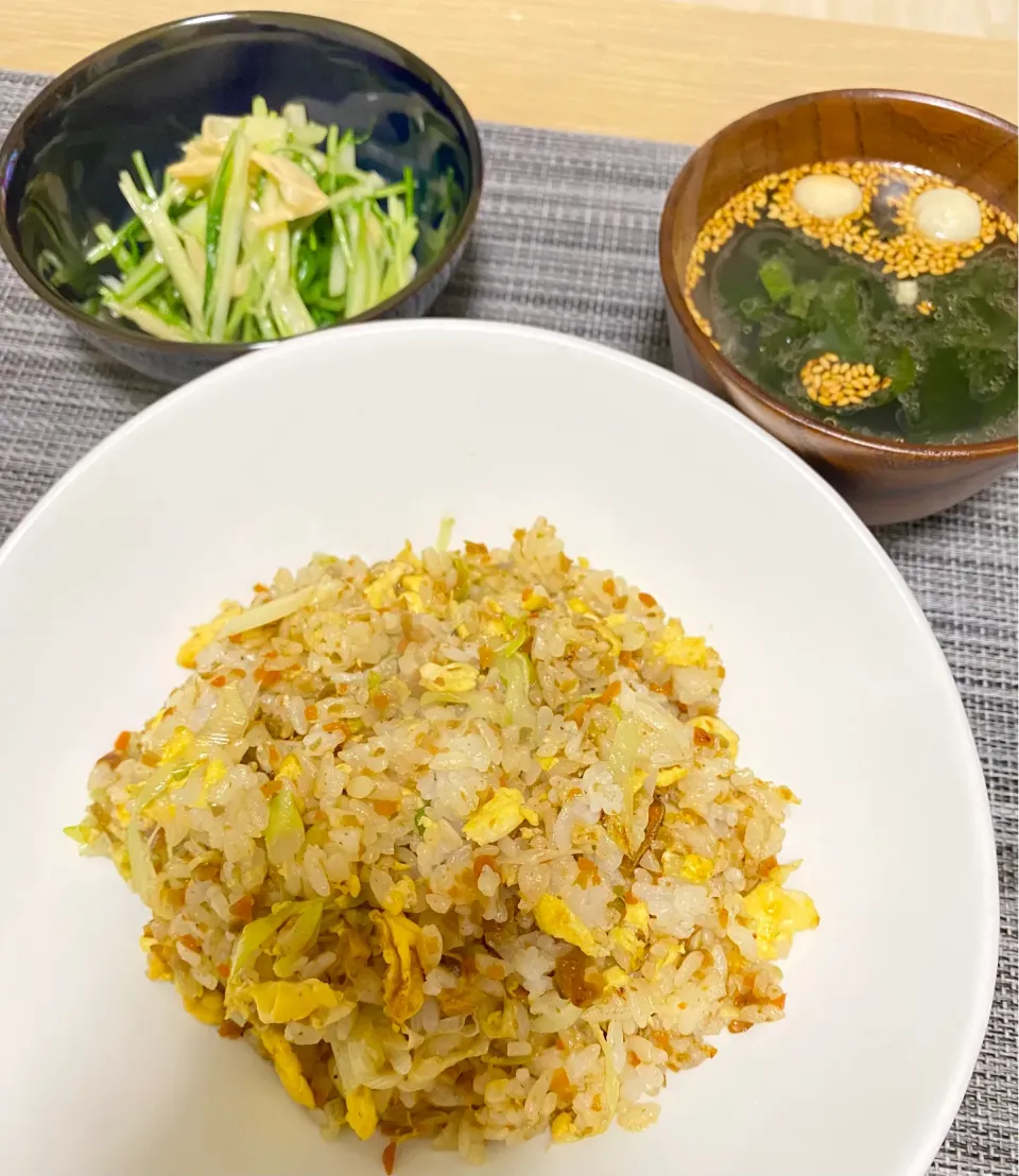 Snapdishの料理写真:ほろほろ漬入りチャーハンと水菜とやわらぎメンマの和え物|OLの気ままご飯🍽さん