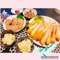 Snapdishの料理写真:❁春巻き(挽肉、春雨、白菜)(竹輪チーズ)
❁﻿宇和島のじゃこ天
❁﻿キャベツとカニカマサラダ
❁牛肉ごぼう(残り物)|みやちゃんさん