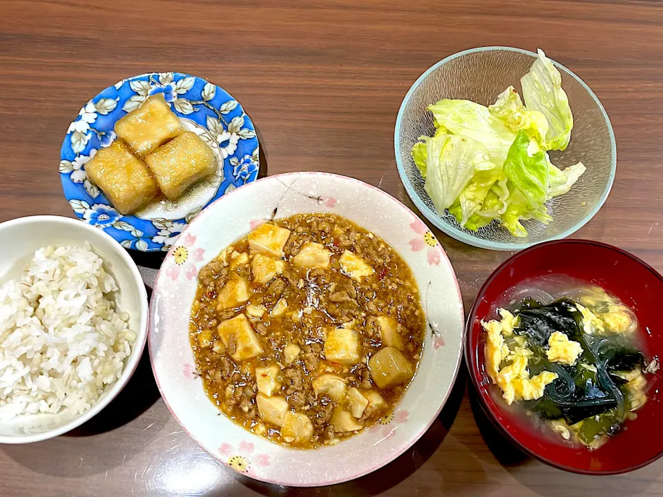 Snapdishの料理写真:麻婆豆腐　ワカメと卵の春雨スープ　チョレギサラダ　高野豆腐のオランダ煮|おさむん17さん