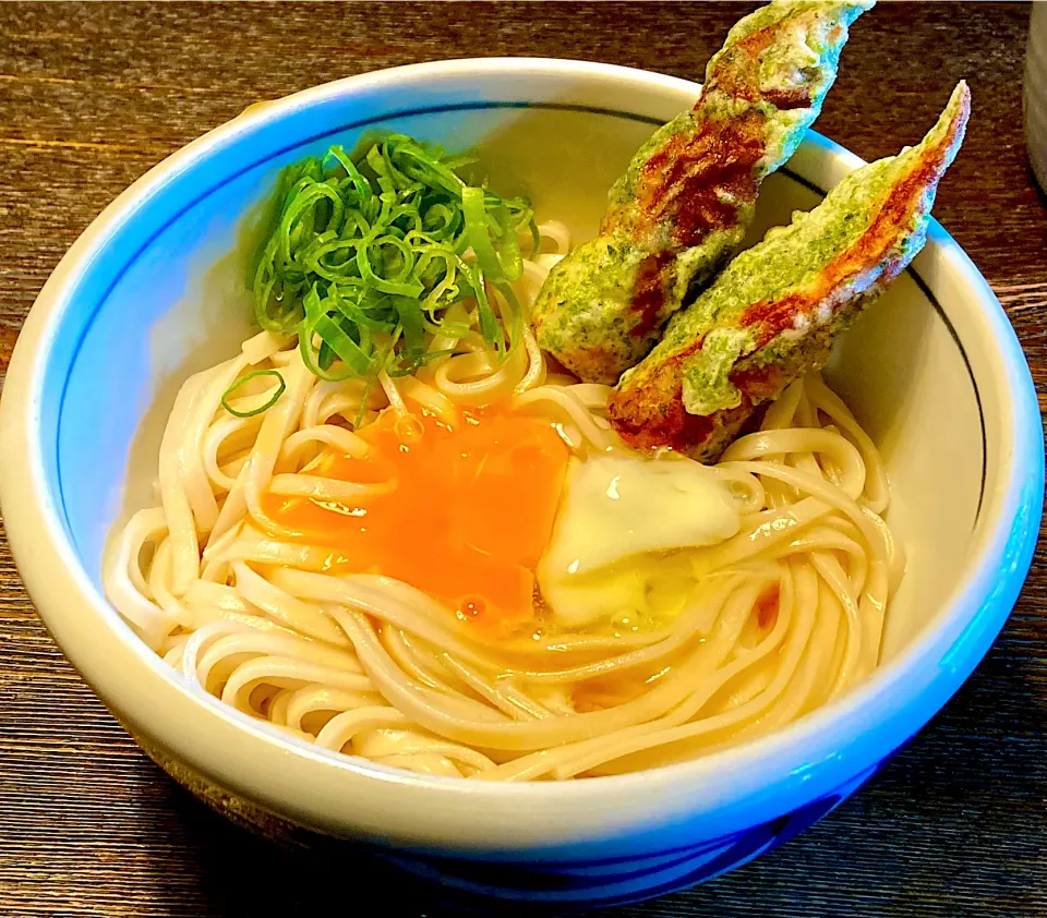 Snapdishの料理写真:讃岐乾麺で＂竹•玉釜揚げぶっかけうどん＂|mottomoさん