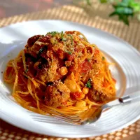 肉だんごのトマト煮からのボロネーゼ🍝