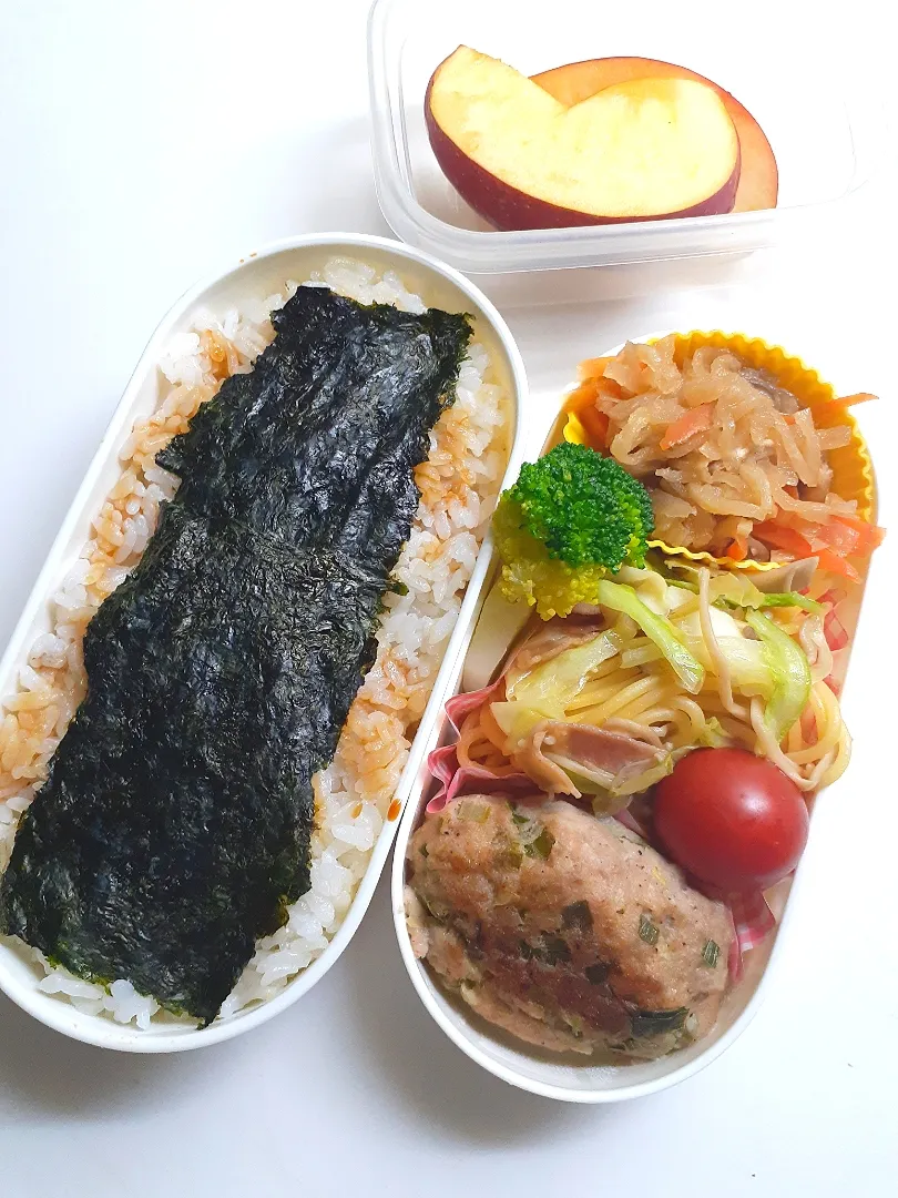 ☆中学生弁当☆のり弁、切干大根、ミニトマト、ブロッコリー、キノコパスタ、ハンバーグ、リンゴ|ｼｮｺﾗさん